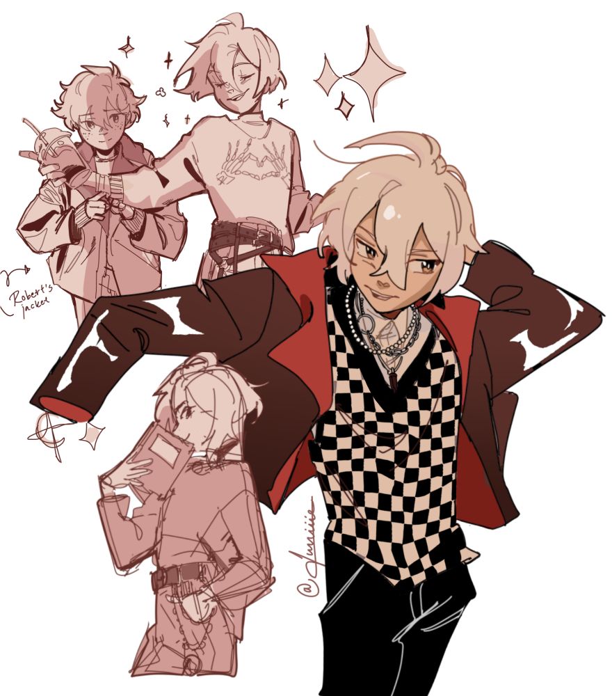 Three quick sketches of OC Rivenn wearing various outfits