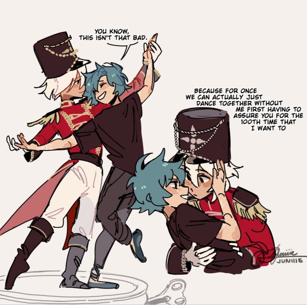 A digital drawing of me and my friend's OCs Tyson and Rivenn in Nutcracker AU dancing together. Tyson is yapping through the dance "this isn't so bad. Because for once we can actually dance together without me first having to assure you for the 100th time that I want to" he says teasingly to Rivenn while they're holding each other close for a moment. Rivenn has very confused expression on his face, like he has no idea what Tyson is even talking about. Tyson belongs to Eicaxy! 