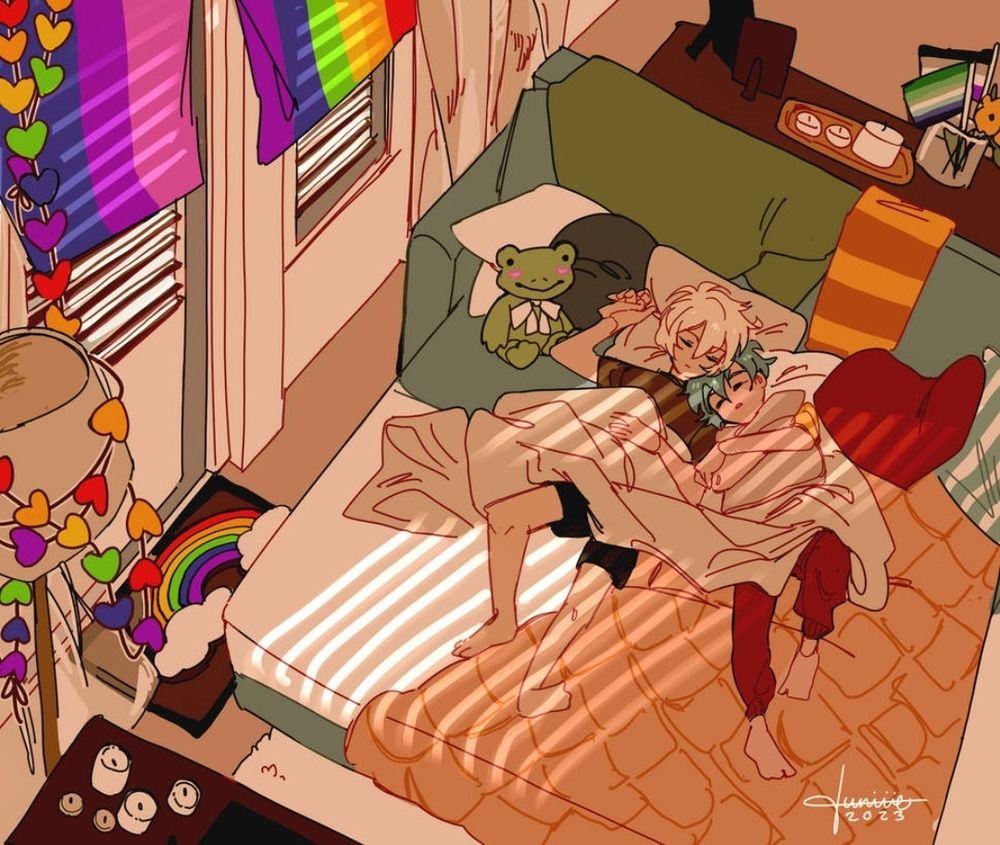 Tyson and Rivenn sleeping together on a pull out couch in their own apartment covered in different pride accessories. Tyson belongs to @eicaxy! 