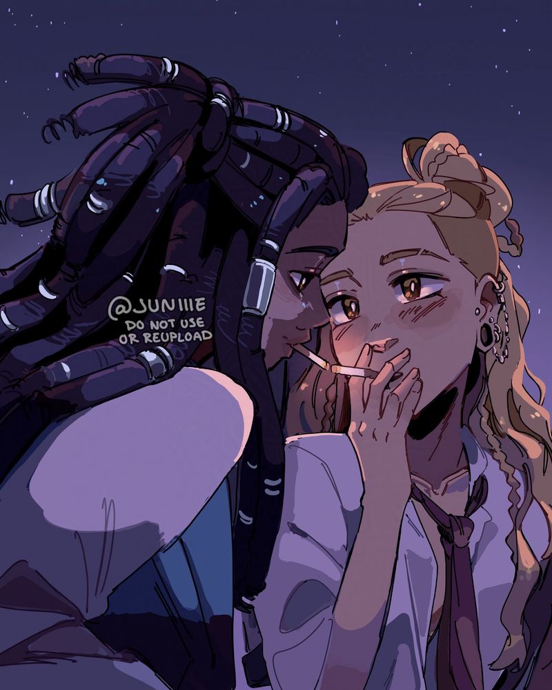 Digital illustration of mine and my friends OCs out smoking together after a bar night. This is the first night that they met. Tommy the blond goddess belongs to @eicaxy! 