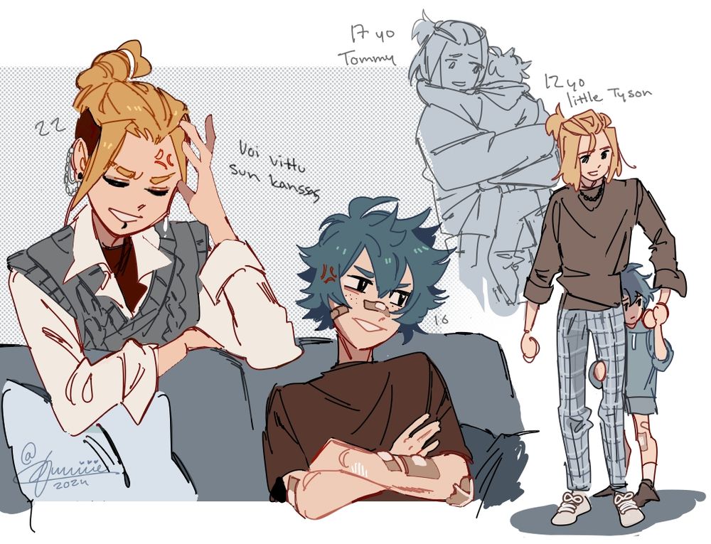 Series of different Tyson and Tommy doodles. The first two on the right side of page are of younger Tyson and Tommy, taking place when Tyson first moved in with them. Little Tyson is hugging closely Tommy's leg while holding his hand, seeking safety. In the other one Tommy is holding a sad little Tyson. Besides them their ages are written. Tyson is 12 years old and Tommy is 16. In the last drawing they're both at their current age, Tyson now being 16 and Tommy 22. They're arguing and both clearly just annoying each other. 