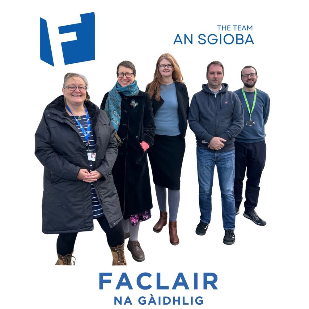 Photo of five of the Faclair na Gàidhlig team, with the organisation's name and logo in blue.