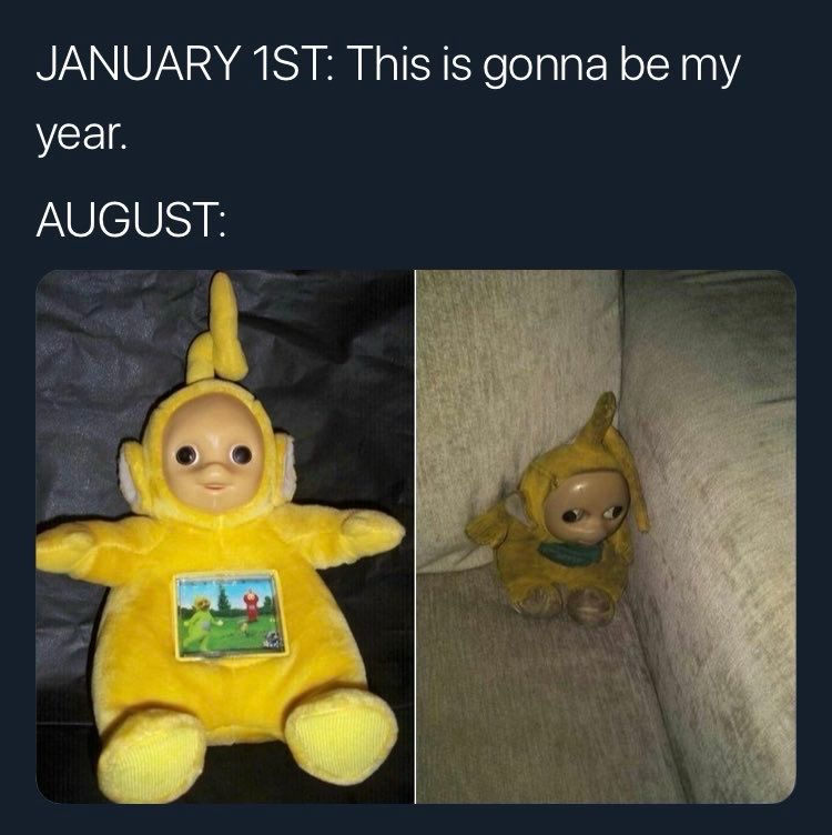 JANUARY 1ST: This is gonna be my year.
AUGUST: [ two pictures of a teletubby plushie, one brand new and one completely soiled and squished into the corner of a couch ] 