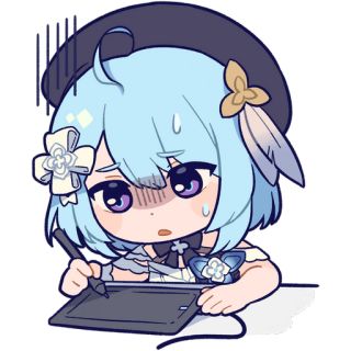 Small drawing of Griseo (girl with purple eyes and light blue hair) with a tired or overwhelmed expression as she attempts to finish a task