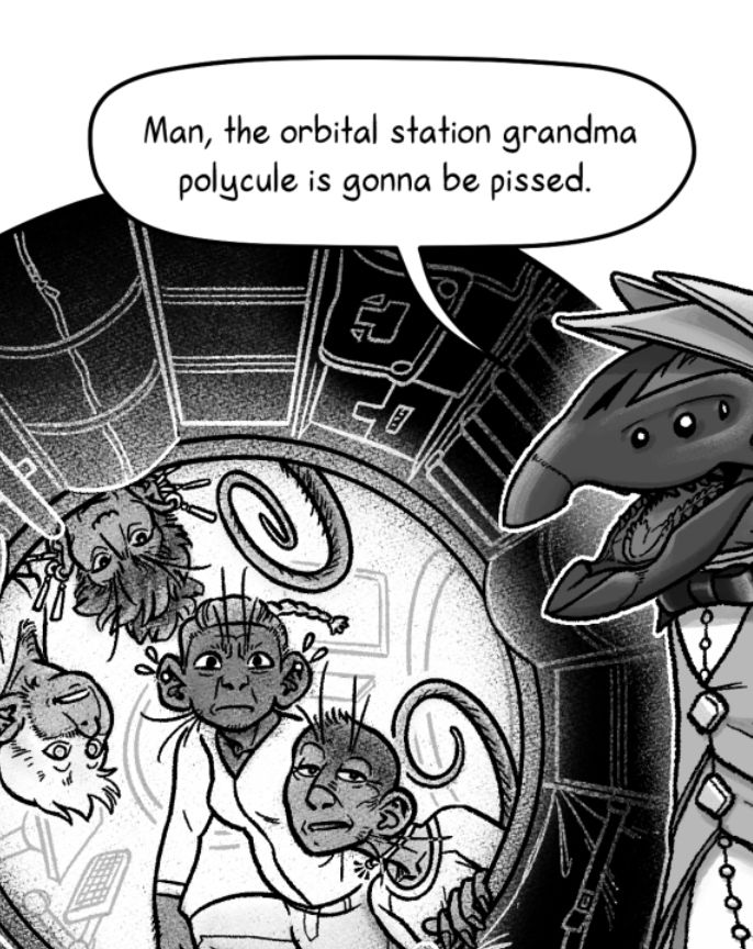 Panel from the comic Runaway to the Stars where a bird alien complains: "Man, the orbital station grandma polycule is gonna be pissed."