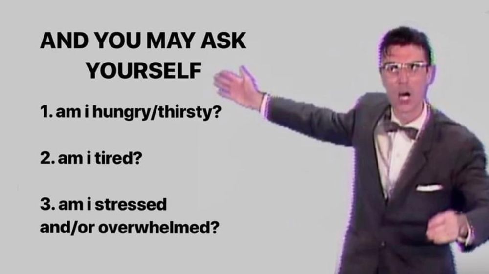 David Byrne from the Once in a Lifetime video with the caption "AND YOU MAY ASK YOURSELF: 1. am I hungry/thirst? 2. Am I tired? 3. Am i stressed and/or overwhelmed?"