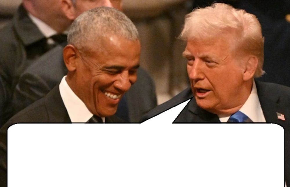 Barack Obama laughing while Donal Trump is talking to him