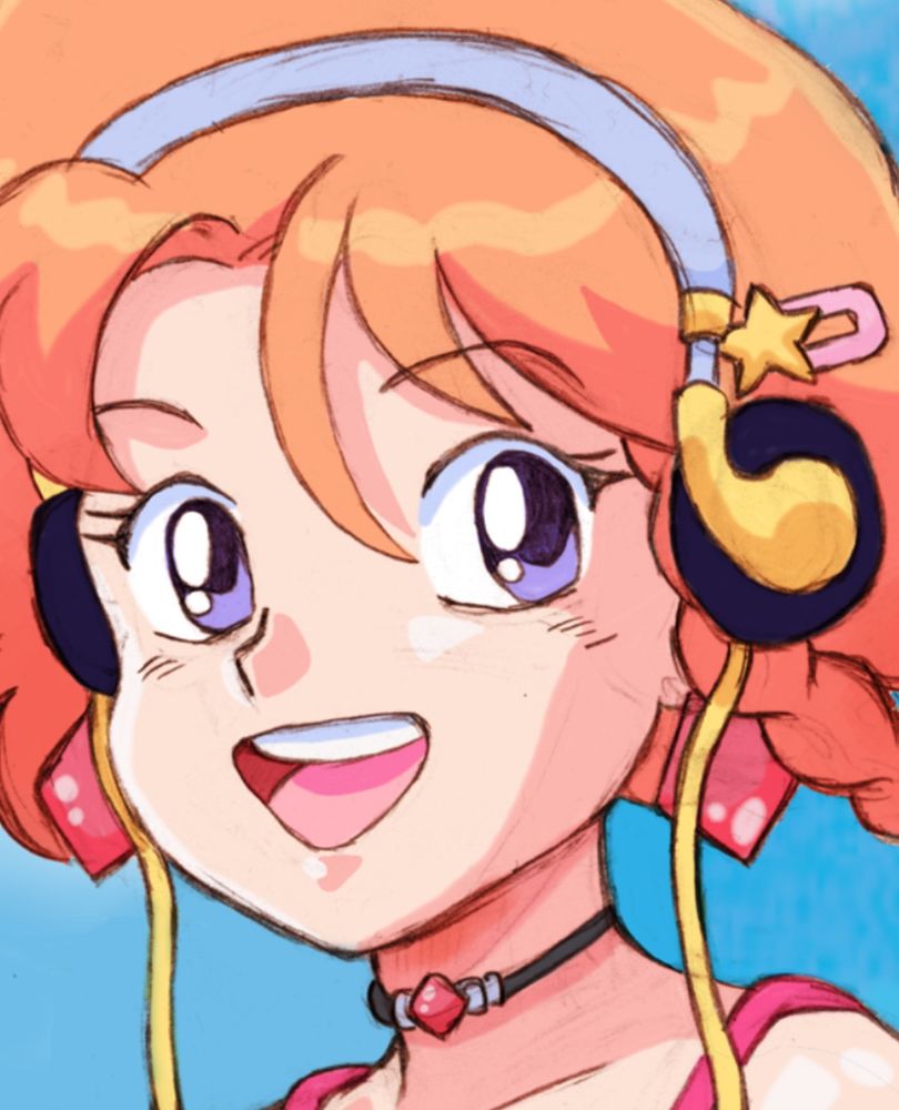 A teenage girl or young woman with red hair is smiling into the camera with headphones. Drawn in a retro anime style.