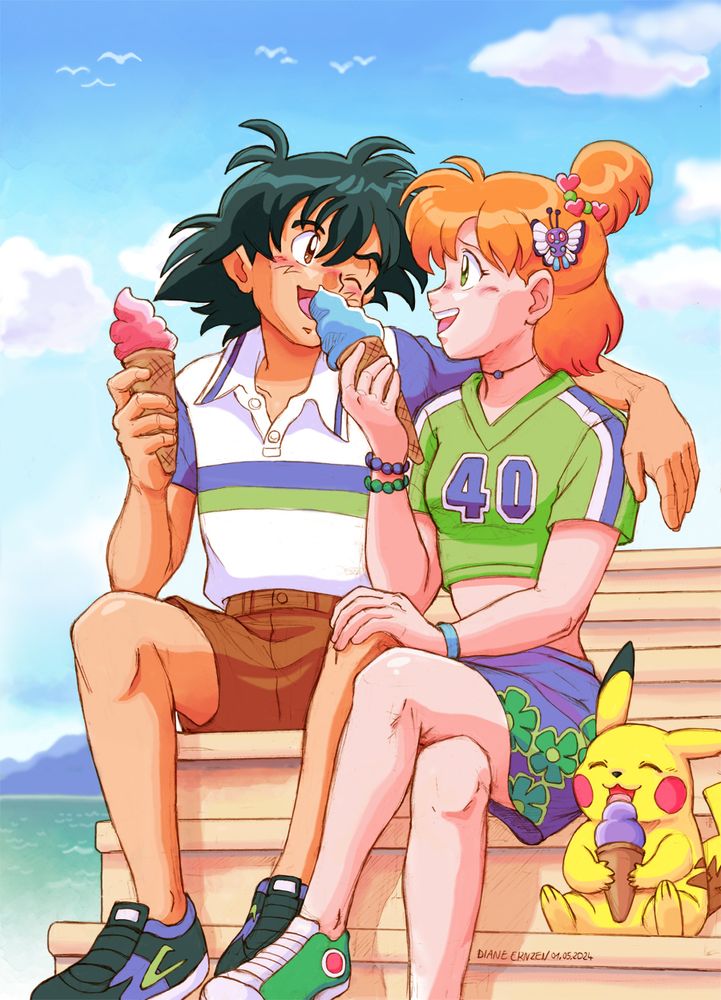 Digital artwork of Ash and Misty wearing green/blue and white summer clothes and eating icecream. This time Misty gives Ash her icecream cone voluntary so that he can try the flavor. Misty is wearing a green crop-top football shirt with the number 40 and and a blue/purple short skirt with green flowers. She's also wearing green chucks. Ash has brown shorts and a white polo-shirt with blue side sleeves and black shoes. On his chest is also a blue/green stripe. Pikachu is sitting on the stairs this time enjoying his icecream blueberry cone.