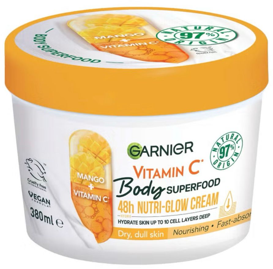 Garnier Mango and Vitamin C body superfood cream, a white tub with an orange lid