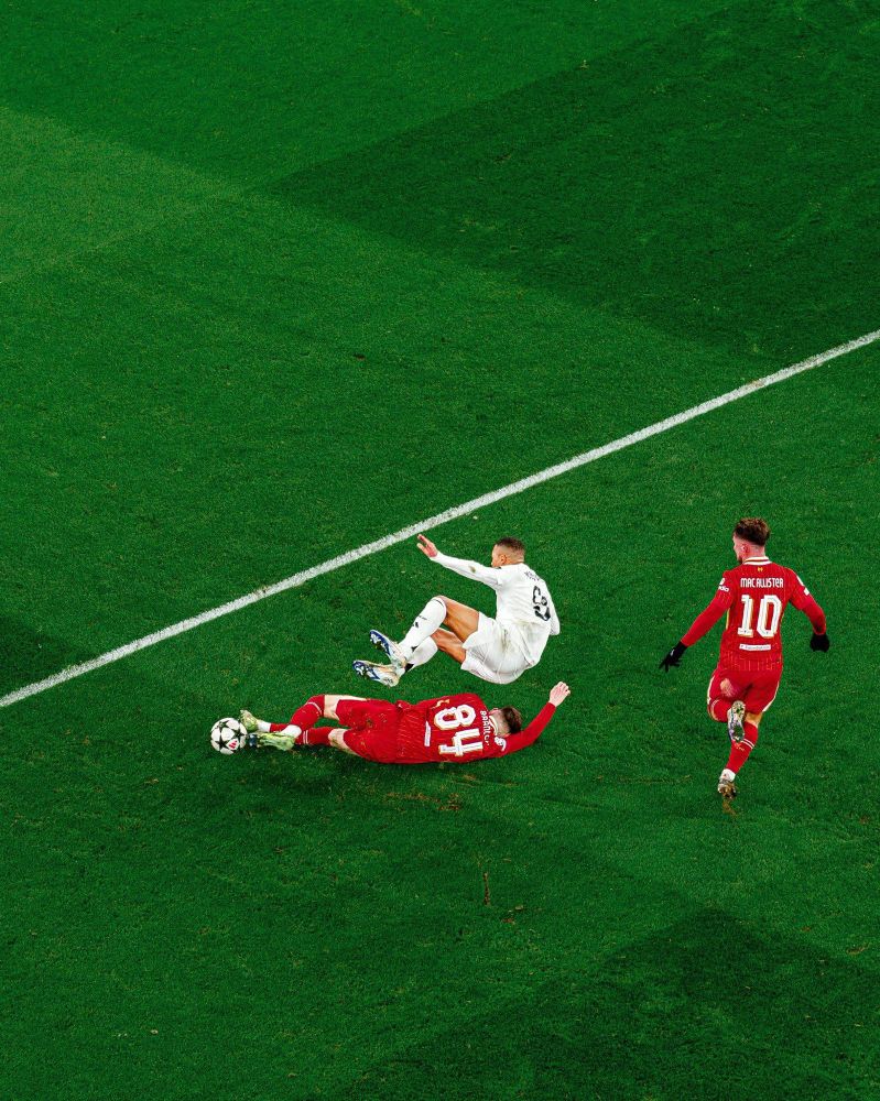 Connor Bradley clearing out Kylian Mbappé during last night’s champions league game. Mbappé remained in his pocket for the rest of the game.