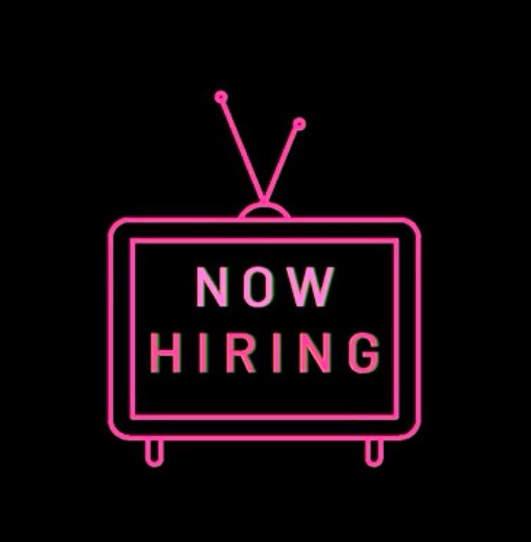 Pink animated television with the words now hiring on the screen.