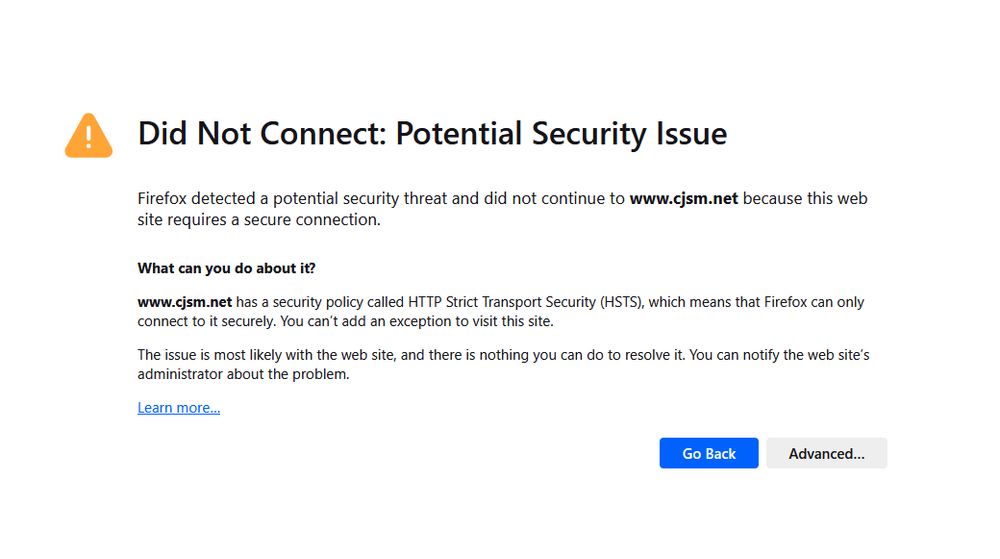 Screenshot from Firefox, which says it cannot connect to www.cjsm.net due to an invalid security cerfiticate.