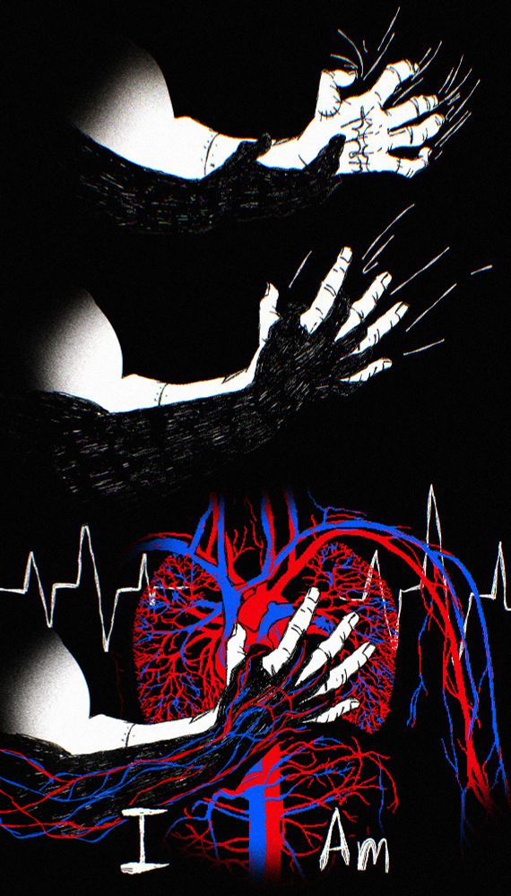 A scratchy, shadowed hand slides over to hold Vash's hand and eases him out of his clutching at shadows. A diagram like image of a cardiovascular system appears underneath Vash's hand and vessels show in the shadowed arm. There's a line mimicking the graph of a heart behind them.
Text says "I am."