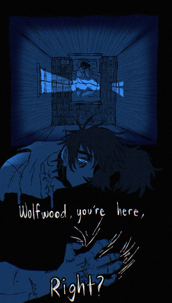 1st panel shows a zoomed out, above shot of Vash and Wolfwood in bed together. There's a nightstand and window on Vash's side of the room and nothing on Wolfwood's. Moonlight comes in from the window, casting over them.
2nd panel shows Vash's exhausted face partially hidden where he is pressed up against Wolfwood. Wolfwood is almost entirely shrouded, only an implication of his shape.
Vash asks "Wolfwood, you're here, right?"
Vash's hand grasps at shadow.