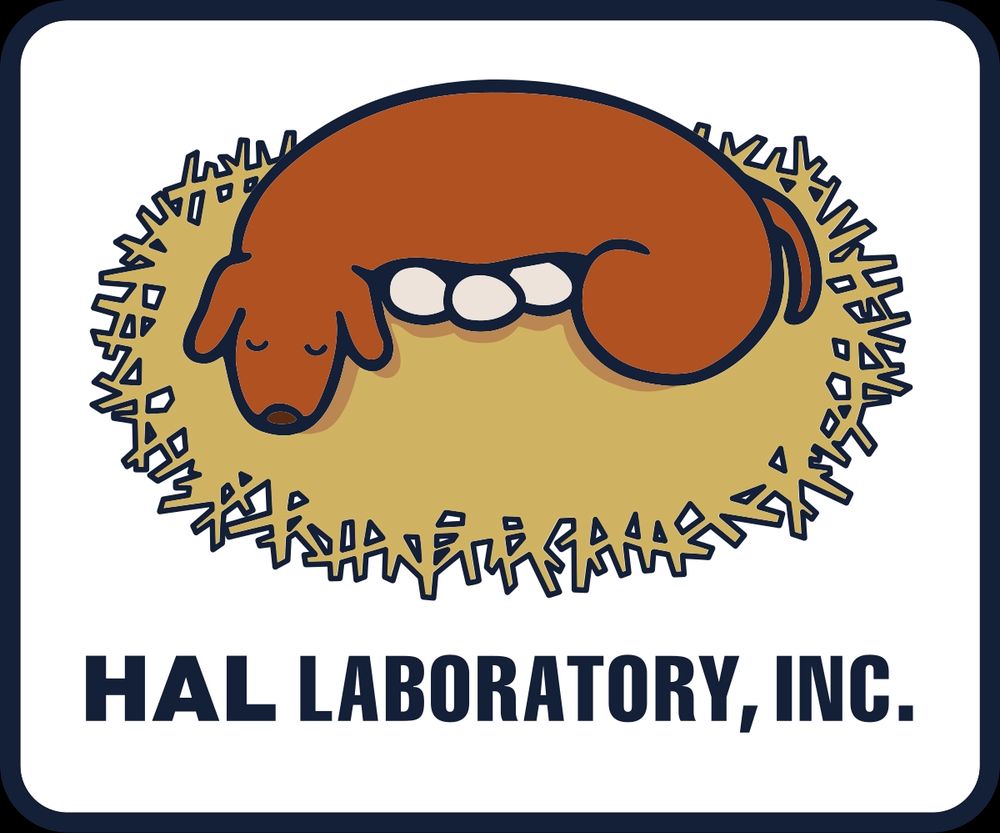 The logo for hal laboratory Inc, a dog nesting on three eggs