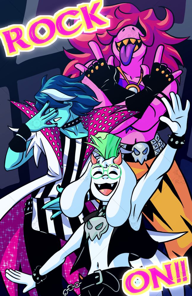 Susie, Kris, and Raslei from Deltarune in their Chapter 3 rocker outfits. Susie is throwing up horns and sticking out her tongue, Kris is posing glamorously, and Ralsei has his arms out being cute. Text in the corners say ROCK ON!!