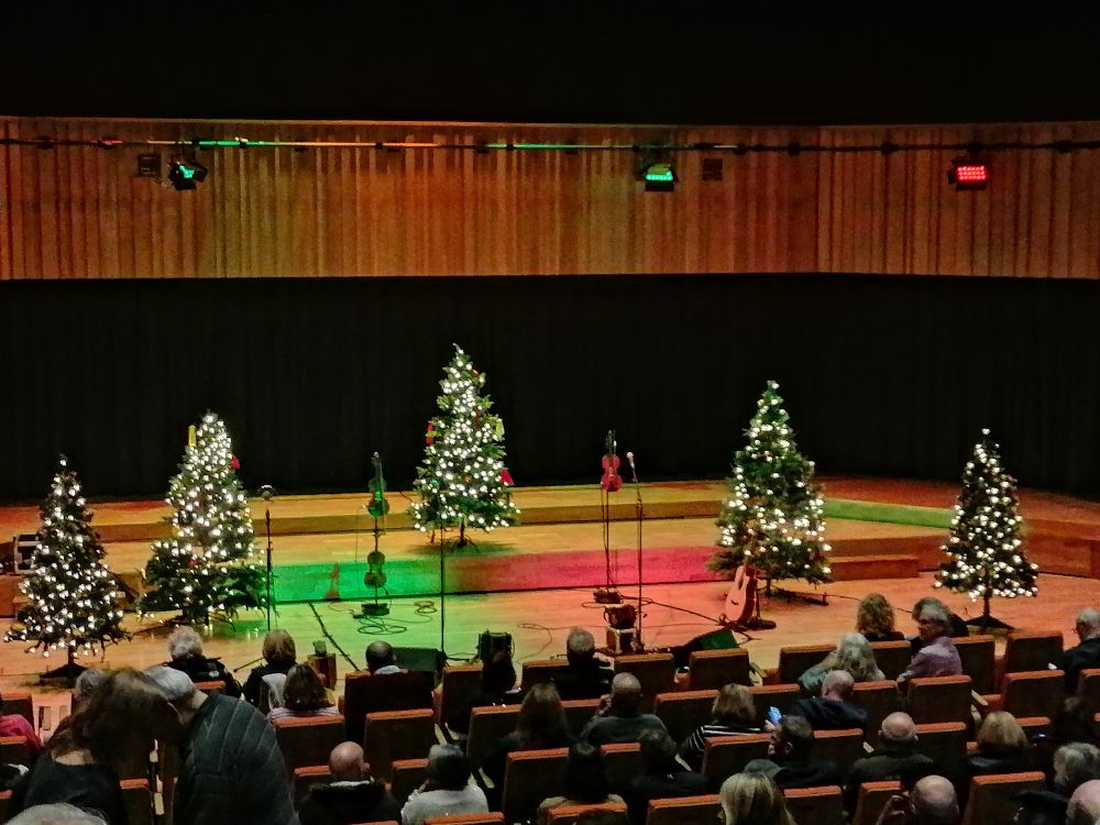5 Christmas trees lit in white warm lights on a stage with mic stands in front, 2 violins are propped up along with an acoustic guitar 