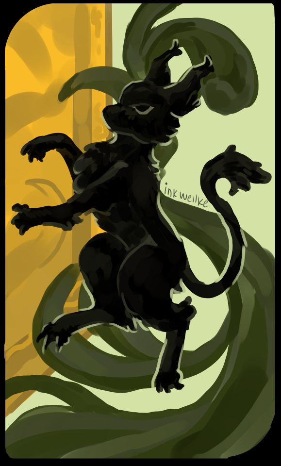 Digital painting of a black furred creature that looks like a cross between a cat and a goat. The creature is standing rampant next to half of a golden seal of heraldry and in front of a green flourish. The image is watermarked with the username "inkwellke."