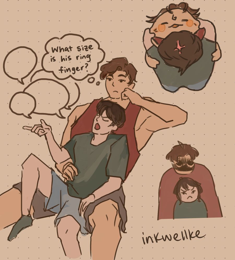 Doodle collage of modern versions of Shen Yuan and Luo Binghe from Scum Villain's Self-Saving system. First: a large doodle of Shen Yuan sitting in Luo Binghe's lap, ranting, while Luo Binghe looks into the middle distance and thinks "What size is his ring finger?" Second: Chibi doodle of Shen Yuan pulling on Luo Binghe's cheeks. Third: Tiny Shen Yuan angrily looking at the viewer, while Luo Binghe looms intimidatingly behind him.