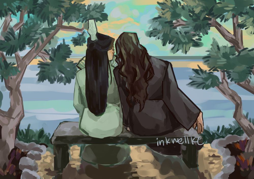 Shen Qingqiu and Luo Binghe from Scum Villain's Self-Saving System sitting on a stone bench with their backs to the viewer, facing the ocean.