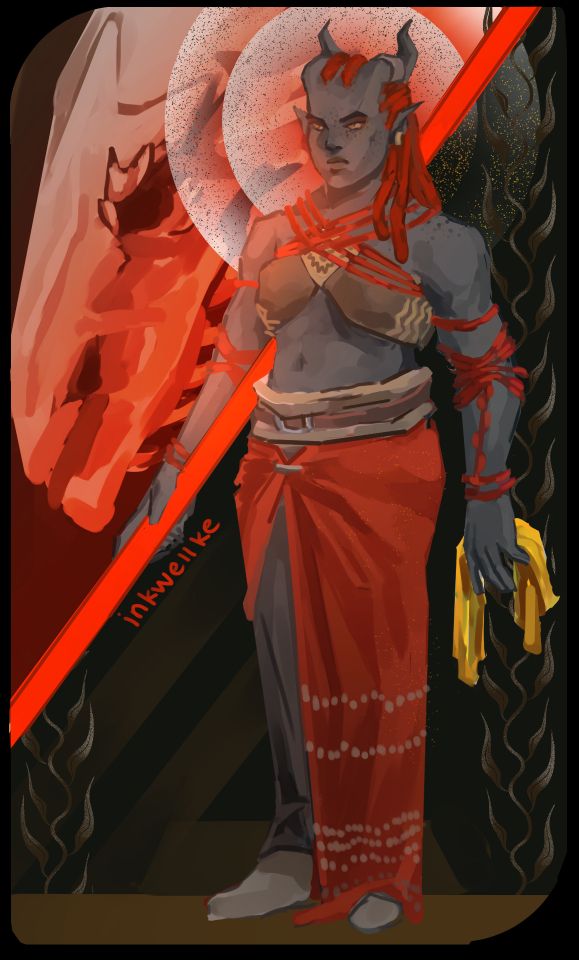 Tarot-style illustration of a qunari (horned humanoid from Dragon Age) with grey skin holding a bright red staff and gold cloth. The top left half features a dragon skull, while the bottom right is a dark green/gold combination. There is a watermark with the username "inkwellke" in bright red.
