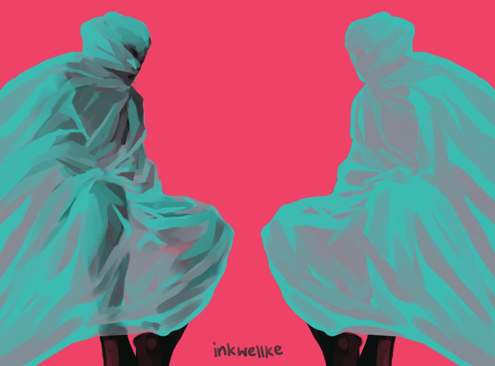 A symmetrical image of two seated dark figures draped in cloth. The figure on the left wears a semi-transparent cloth, so some of its body shows through the drapery. The figure on the right wears an opaque cloth with a satiny sheen. Both fabrics are bright blue, and the background is bright pink.