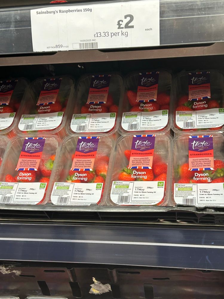 Punnets of strawberries with Dyson Farming stamped all over them. Wanker millionaire Brexit loving land-banking whinge merchant.