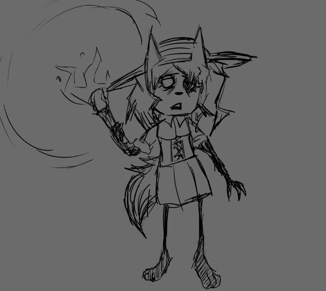 One of Midas' white wolf ocs in the style of don't starve holding a torch