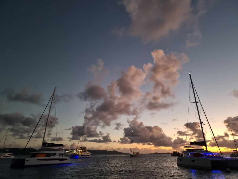 A beautiful sunset with boats in the Caribbean 