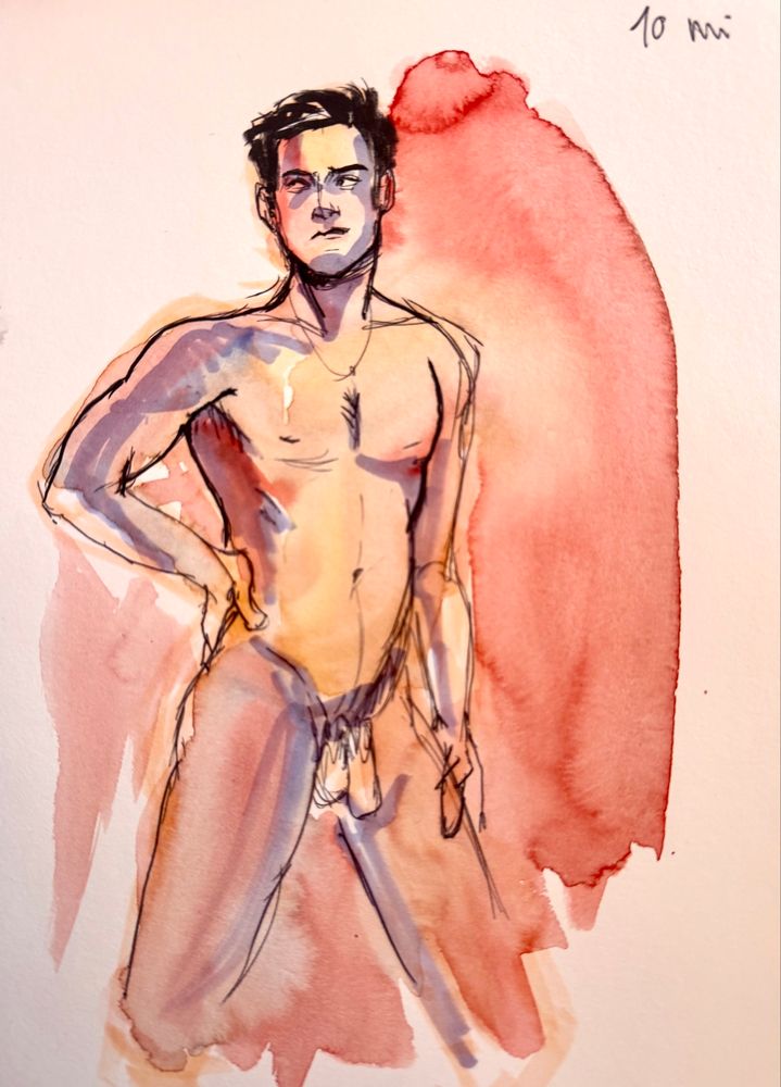 ink and watercolour sketches of a male model posing