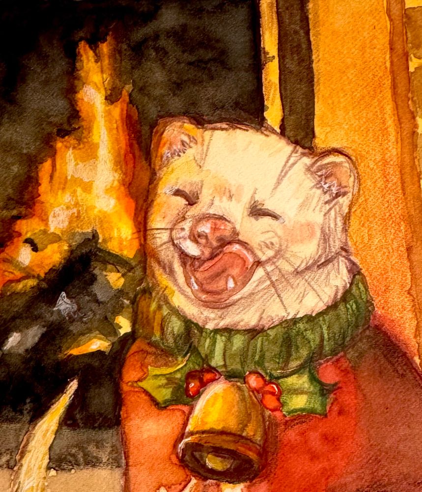 a happy white mink all warm next to a fireplace