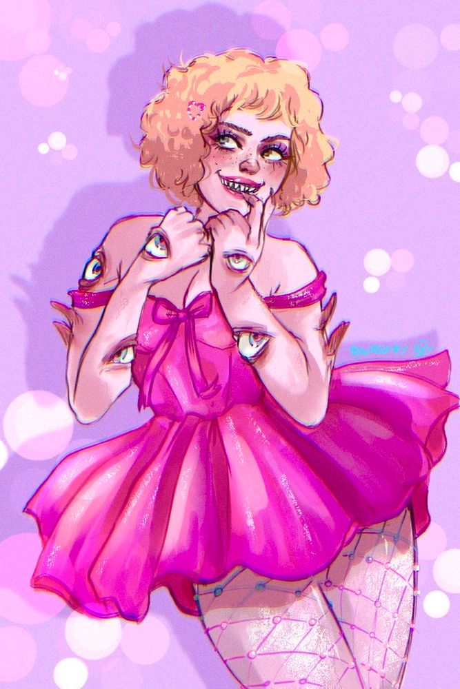 a tzimisce vampire with eyes covering her eyes, wearing a hot pink party dress, short and puffy, and sparkly thighs with fishnets over them. she’s got a plotting and flirty expression, as she’s looking to the girl she likes