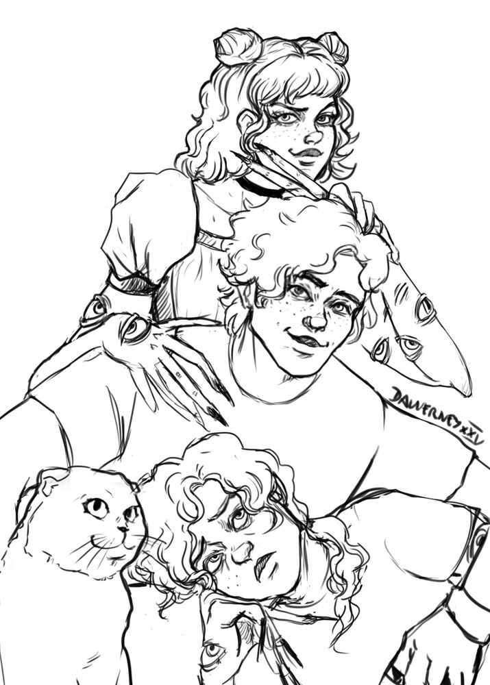 three tzimisce vampires and a scottish fold cat. from top to bottom sybille, a girl covered in eyes and more clawed fingers than she should have, joshua, who doesn’t seem to have any body alterations, johann (also covered in eyes, with extra fingers) and johann’s cat, bonbon
