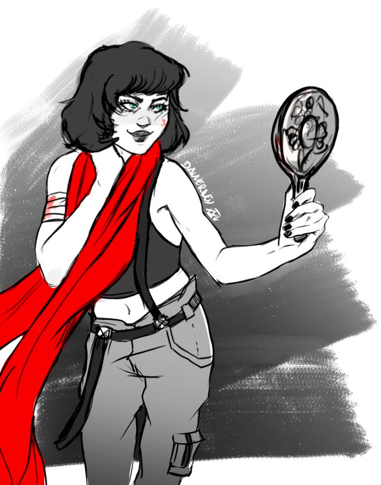 quick of malkavian vampire imogen. she’s holding a mirror, looking at her reflection. she’s wearing s bright red long scarf.