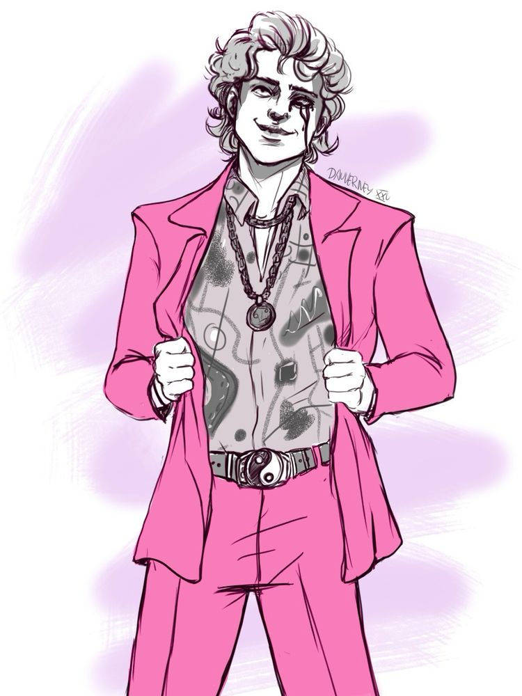 a vampire dressed in a bright pink suit and an 80s like shirt, he’s missing an eye, and smiles in a strange way