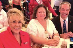 Former Liberal Party vice president Teena McQueen, Australian mining magnate Gina Rinehart and the leader of the conservative UK Reform party, Nigel Farage, grinning like ghouls at Donald Trump’s election watch party.