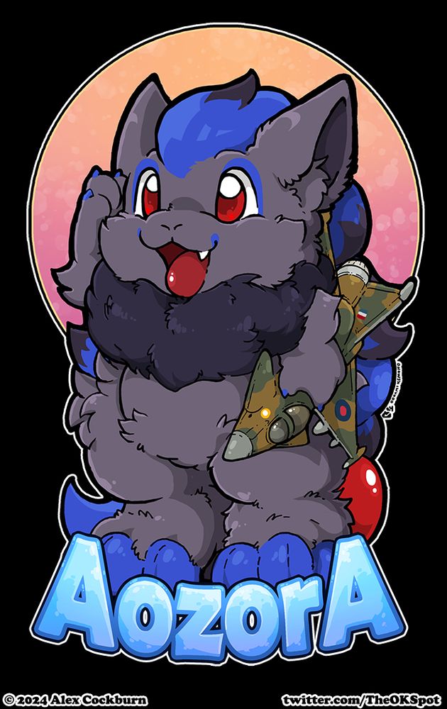 blue zoroark turned into a chibi saluting while holding a toy eurofighter typhoon