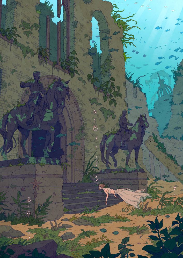 illustration of an underwater scene. an old stone brick building with two horse statues in front, and a young woman in a white flowy skirt swimming towards it