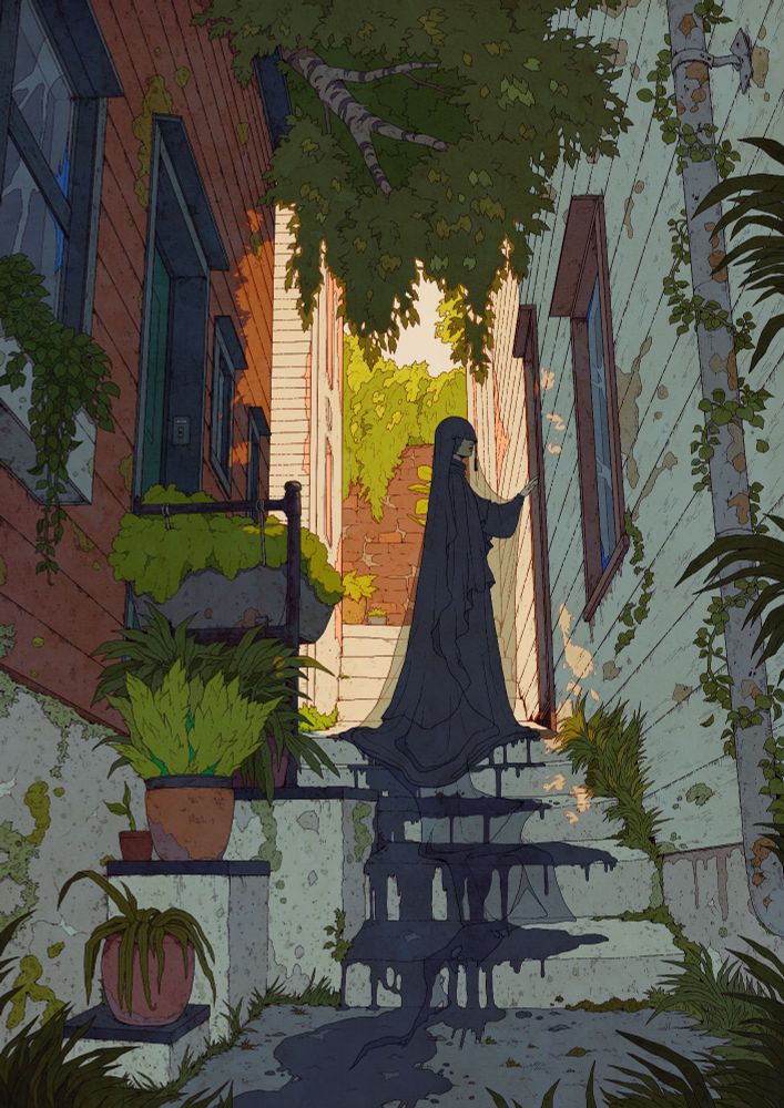 a piece from this summer, a character draped in dark, leaking black, standing at a door ready to go in