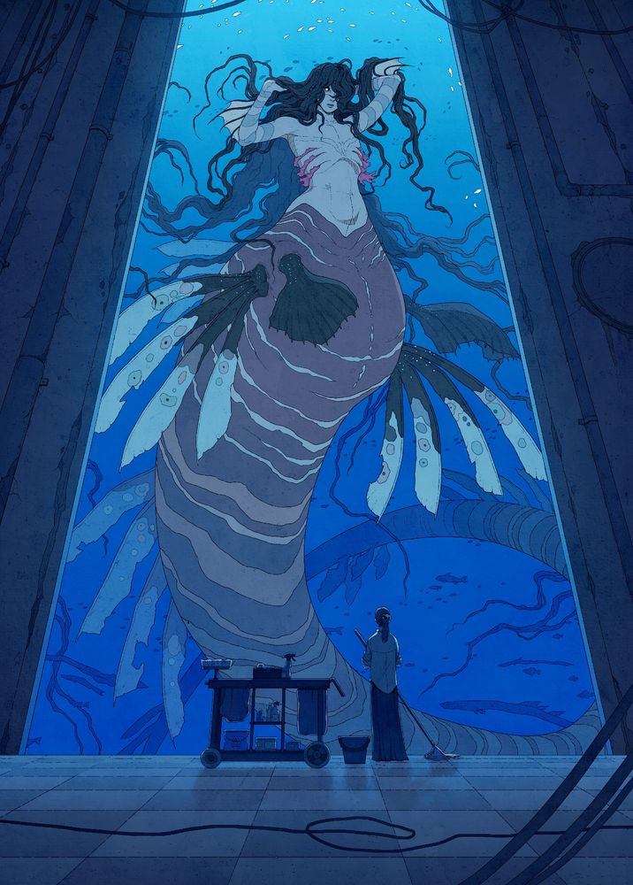 giant mermaid in an aquarium, a woman holding a mop with a cleaning cart next to her is looking up at them
