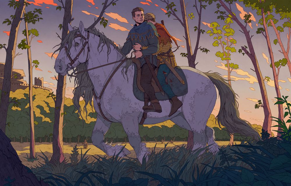 drawing of my favorite bisexual knights from kcd2 on a horse. henry is once again saving hans from some trouble he probably got them both into