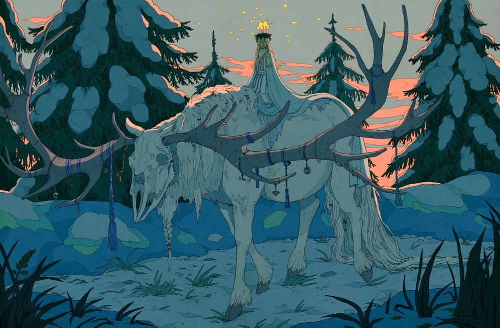 a piece from last january, based on the nordic saint lucia tradition. a girl with candles on her head riding a white mooselike creature