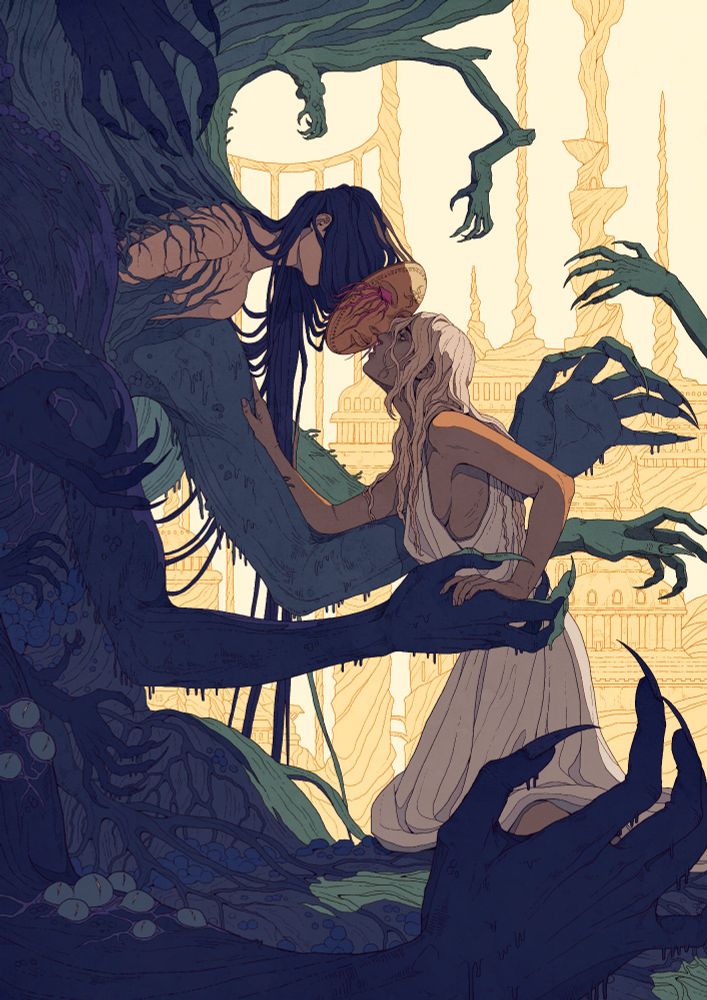 two girls, one consumed by a dark mass with many hands, the other reaching for her