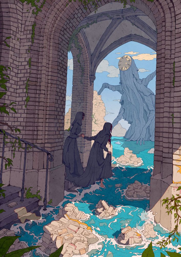 a piece posted quite recently, two characters standing in ruins by the water, looking at a gigantic creature in the distance