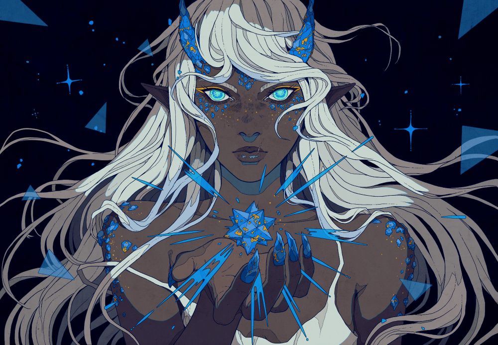 a lady with blue gem stone horns, holding a stellated dodecahedron shaped gem that's shining blue light