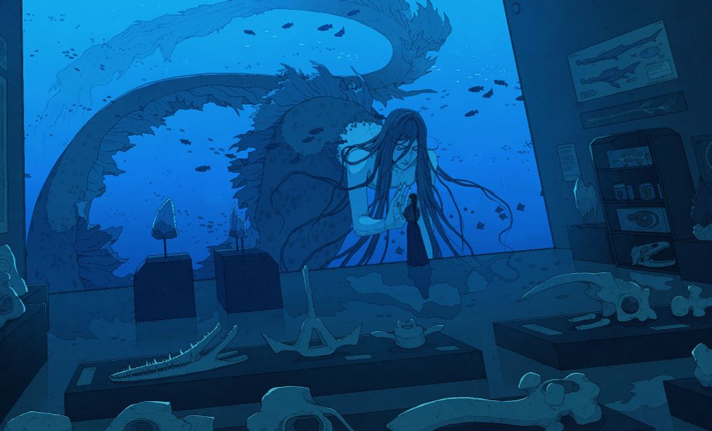 drawing of a giant humanoid sea creature behind a glass, and a woman holding her hand up towards them