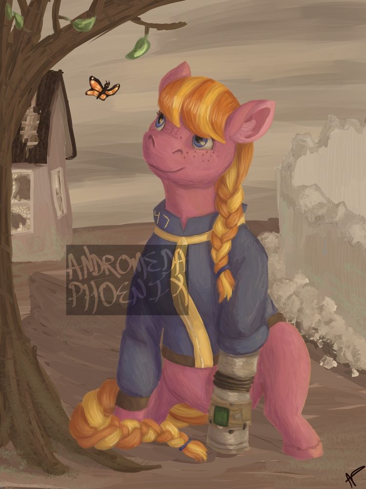 A digital painting of a Fallout: Equestria OC (My Little Pony and Fallout crossover) sitting outside in a bleak environment. She is pink with a braided orange mane and tail, and wears a blue jacket and has a metal prosthetic forelimb. Ruins of human buildings are in the background and there is little plant coverage, but the character looks up with a smile at a butterfly and a tree growing sparse leaves, the only other signs of life. The image is tinted orange.