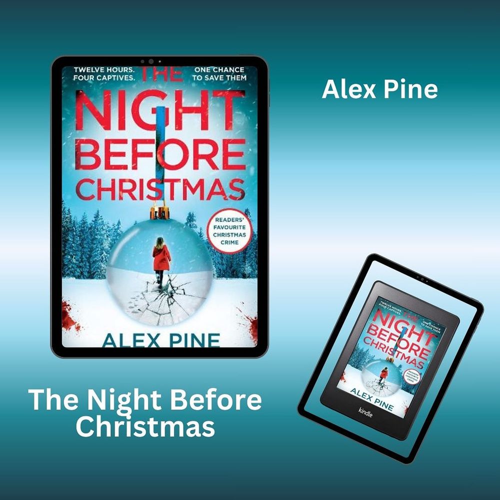 Two copies of the book cover: title and author name around image of a snowy scene with Christmas bauble featuring image of a person in a red coat walking across an icy, snowy, landscape covered in spiderweb of cracks