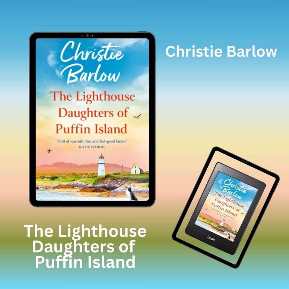 Image shows two copies of the book cover - author name and title above a picture of a shoreline with a puffin in the foreground and lighthouse and cottage in the distance. 